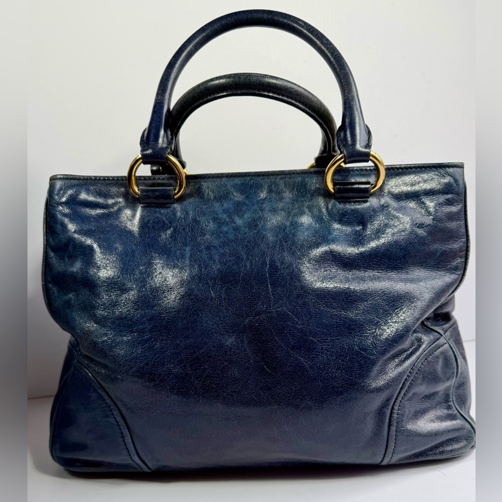 Miu Miu Vitello Lux Blue Leather Satchel Bag Distressed Finish Gold Hardware - Picture 5 of 13